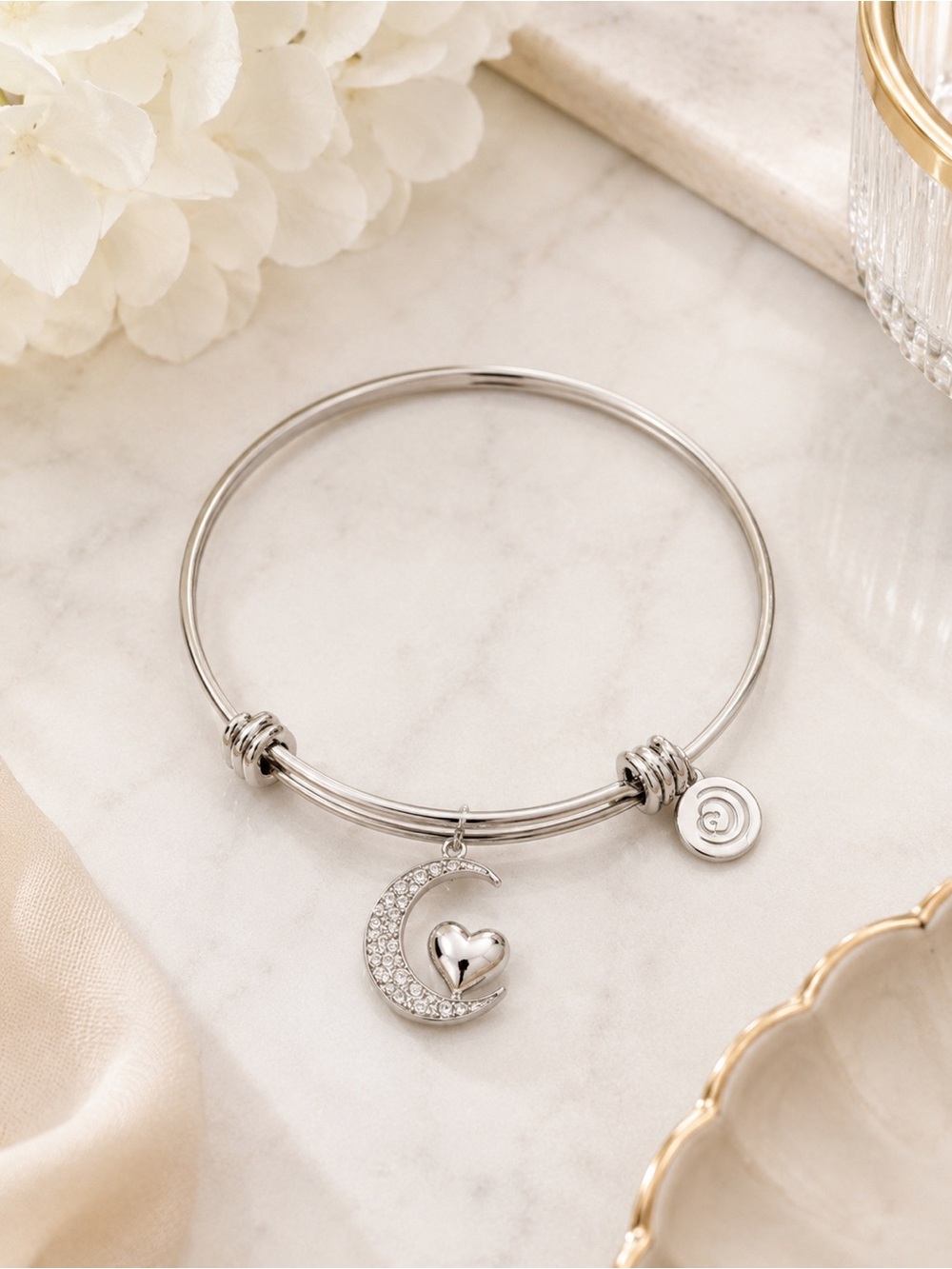 Love This Life Silver I Love You to Moon & Back Heart Charm Bangle Bracelet NWT